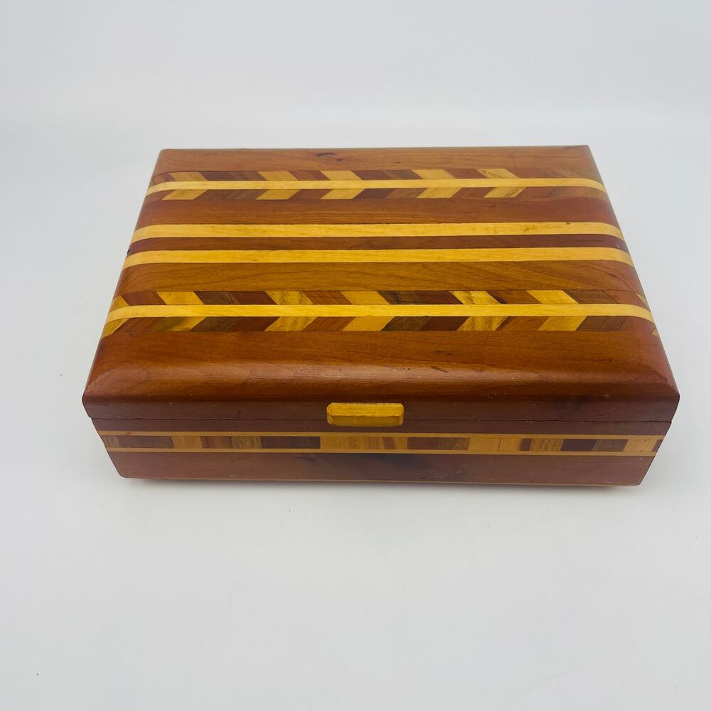 Vintage Handcrafted Wooden Marquetry Wood Box Herringbone and Strip Pattern